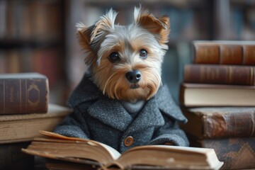 A cozy terrier perched on a leather chair surrounded by books, exuding warmth and intelligence as a beloved indoor companion