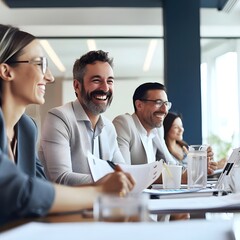 High angle shot of professional executives discussing and working with documents at a corporate board meeting in an elegant office. 