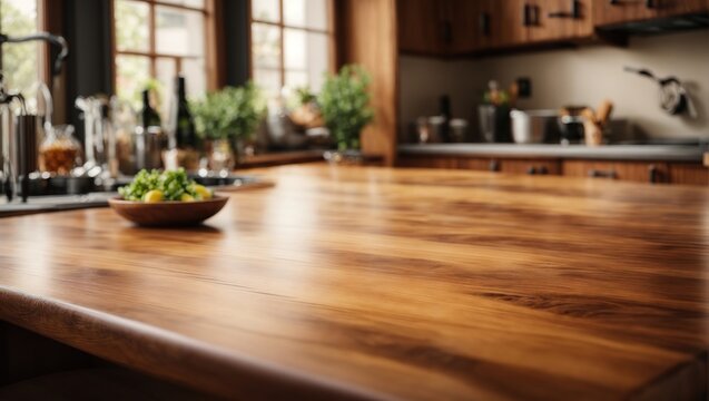 Wood table top with a blur kitchen room background, Medical design