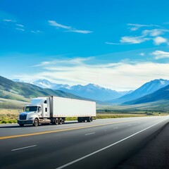 White cargo truck with a blank empty trailer driving on a highway road in the United States, set against beautiful mountainous scenery and clear blue sky.