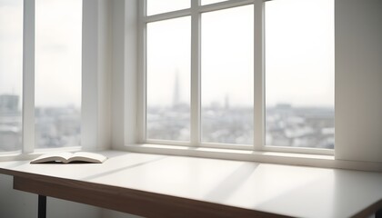 Minimal empty wooden table with windows and sunlight
