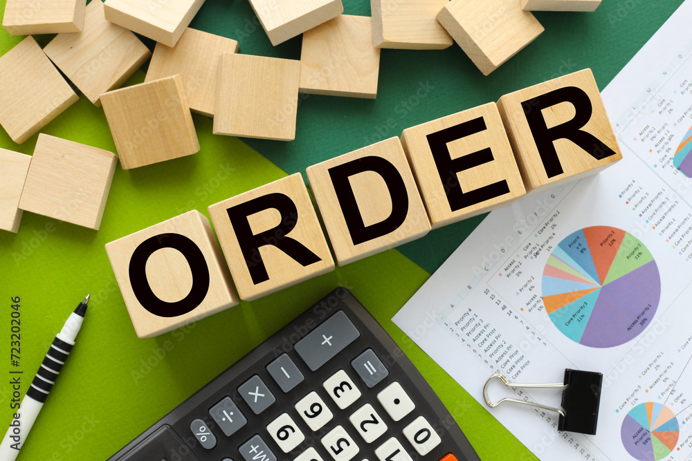 Poster order calculator and blocks with text. financial charts on a green background.