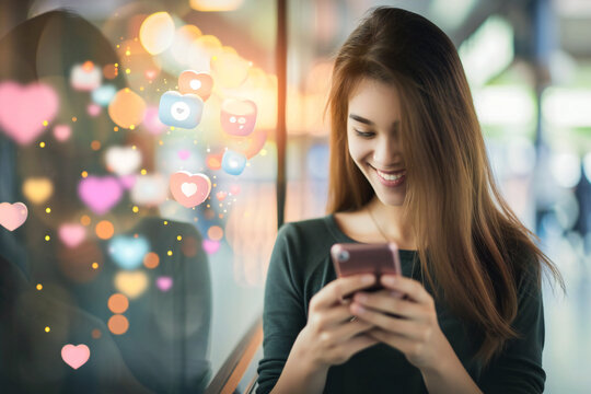 Young woman using smart phone with icons of social med
