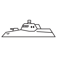 Military sea ship icon.Military boat.Navy battle ships.Outline vector illustration.Isolated on white background.Destroyer with helicopter.
