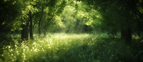 an image of a green grassy forest scene with trees in - obrazy, fototapety, plakaty
