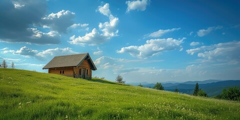 The only wooden house on the top of a green meadow mountains