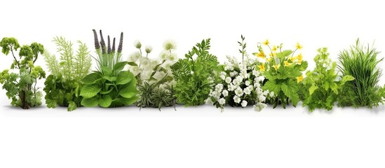 Minimal natural floral bannerwith summer wild flower and grass. Botanical pattern from different meadow herbs and field bloom plants. - obrazy, fototapety, plakaty