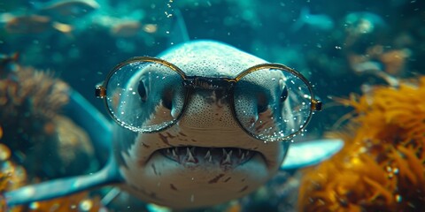 A curious fish sporting spectacles explores the vibrant underwater world of the reef, swimming...