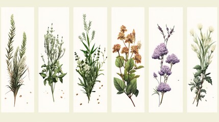 Minimal natural floral bannerwith summer wild flower and grass. Botanical pattern from different meadow herbs and field bloom plants. - obrazy, fototapety, plakaty
