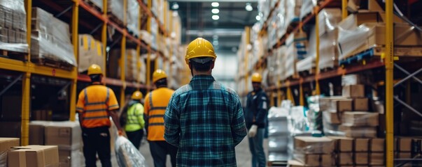 Shot of workers in reflect suits working in big warehouse with high shelves full of various goods.