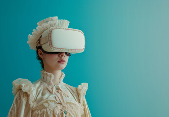 Young woman in vintage dress wearing a VR headset. Immersive experience background.