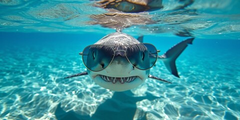 A sleek shark wearing sunglasses gracefully glides through the turquoise waters of the reef, its...