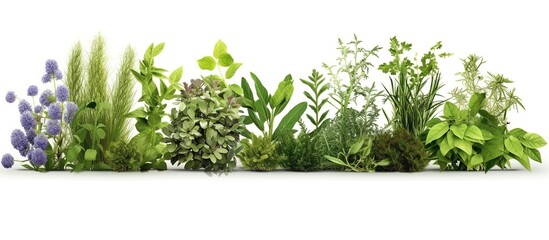 Rosemary, mint, lavender, sage and thyme collection. Creative banner with fresh herbs bunch on white background.