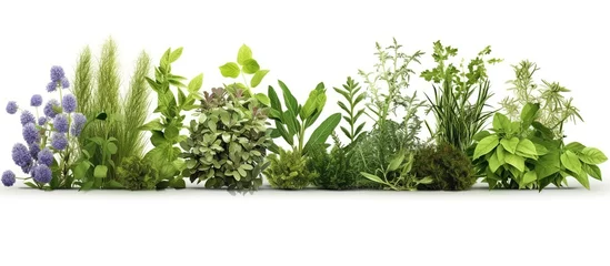 Poster Rosemary, mint, lavender, sage and thyme collection. Creative banner with fresh herbs bunch on white background. © dheograft