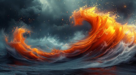 A raging inferno sweeps through the tranquil outdoors, its fiery vortex consuming everything in its path - a fearsome wave of nature's wrath - obrazy, fototapety, plakaty
