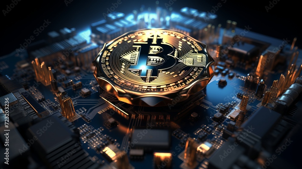 Poster abstract blue background with bitcoin and iot technology concept for cryptocurrency and smart tech.