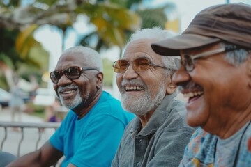 Group of happy pensioners in Florida. Elderly 70 years old friends 