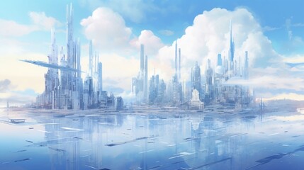 A 2D watercolor cityscape transitioning into a 3D futuristic metropolis