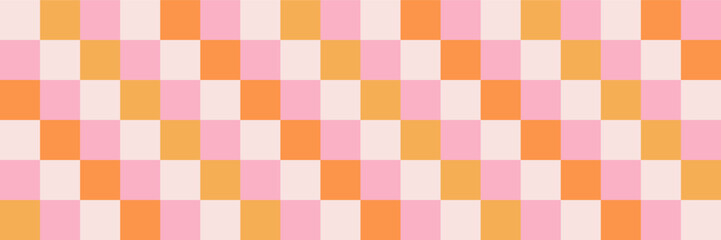 Checkerboard retro groovy background. Geometric pastel square texture in vintage y2k style. Hippie 70s pattern. Plaid pattern background. Pink and yellow colors.