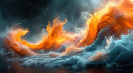 Fototapeta premium An ethereal masterpiece captured in vivid hues, a swirling cloud of fiery colors dances atop a serene water canvas, nature and art entwined in a stunning abstract display
