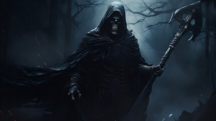 Grim Reaper in a Haunting Forest Scene - obrazy, fototapety, plakaty