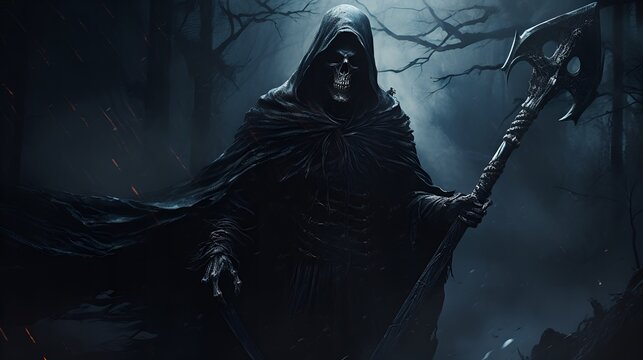 Grim Reaper in a Haunting Forest Scene