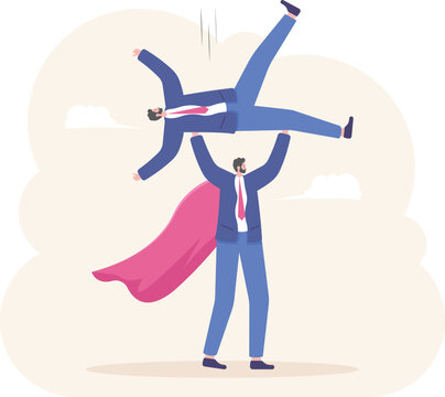 Super businessman to help businessman falling off a cliff, support business survive concept

