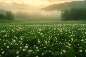 A tranquil meadow filled with colorful flowers and towering trees emerges from the misty fog, surrounded by rolling green hills and a cloudy sky in the backdrop of a peaceful summer landscape