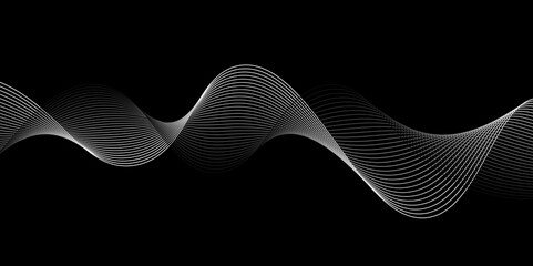 White lines wave on a black background.Dynamic sound wave. Design element.isolated background. Curved smooth tape.Black and white. Brochure, booklet