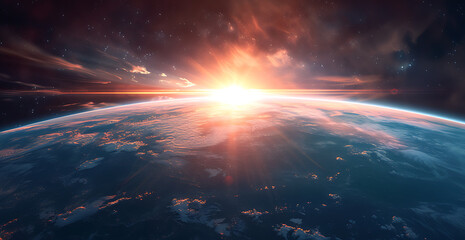 an image of the sun rising over the earth in space in - obrazy, fototapety, plakaty