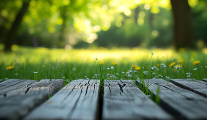 an old wooden table sits on the grass next to the for - obrazy, fototapety, plakaty