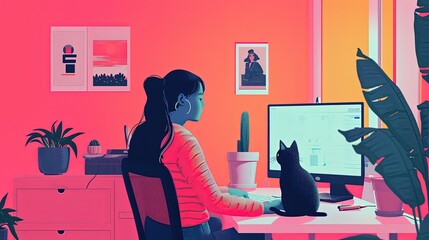 An animated image of a woman at her desk with a cat, surrounded by houseplants in a vibrant, colorful home office.