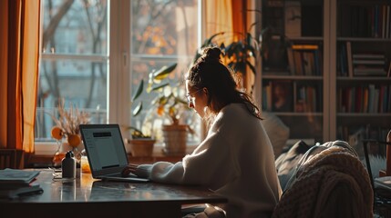 Warm sunlight bathes a serene home office where a woman is focused on her laptop, surrounded by the comfort of plants and books.