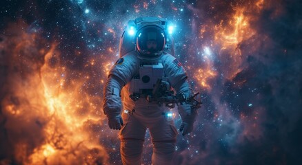 Fototapeta premium An astronaut's solitary journey through the vast expanse of space is interrupted by a powerful weapon in hand, raising questions of danger, purpose, and the unknown
