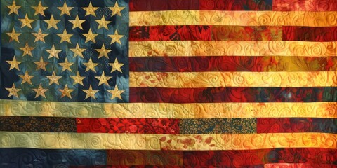 Fototapeta na wymiar American flag themed quilt background.