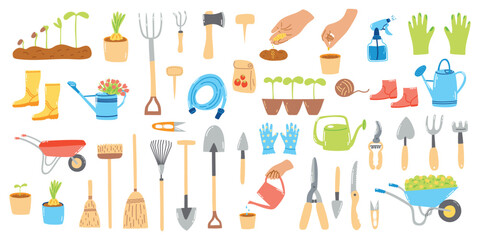 Big set of hand drawn garden elements. Cartoon flat illustration of farm equipment, agriculture items