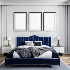  A bedroom with 3  mockup frames of wall art, blue colored themed room,illustration