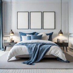  A bedroom with 3  mockup frames of wall art, blue colored themed room,illustration