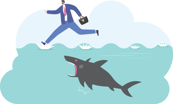 Businessman running on water avoiding shark attack, risky business concept© WS DESIGN