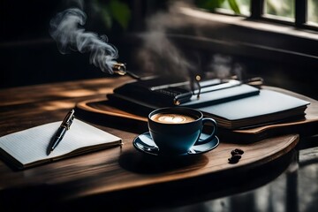 An elegant coffee scene with a steaming cup, a stylish pen, and an open notebook on a wooden table