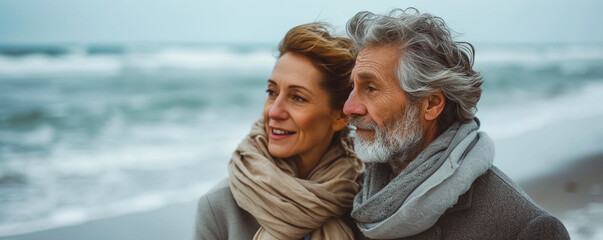 Fototapeta na wymiar portrait of an elderly happy mature couple by the sea