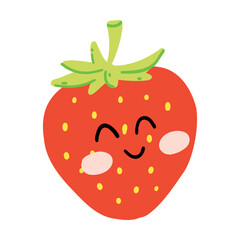 Cute hand drawn strawberry smiling. Kawaii funny fruit character for kids.