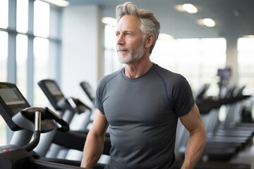 Fototapeta na wymiar Mature man walking on a treadmill at the gym