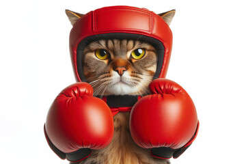 Angry cat wearing boxing gloves on a white background. ai generative