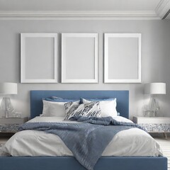  A bedroom with 3  mockup frames of wall art, blue colored themed room,illustration