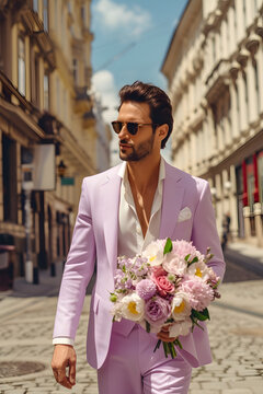 man in a suit with a bouquet of flowers on the street