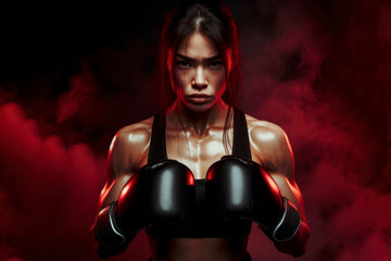 Angry MMA woman fighter stand wearing boxing gloves on a black background. ai generative - obrazy, fototapety, plakaty