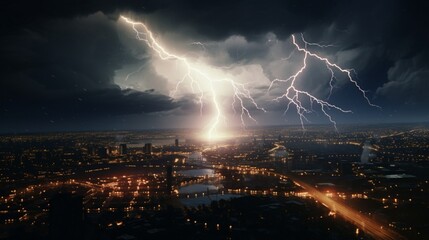 Naklejka na ściany i meble A 3D animated thundercloud with 2D lightning strikes illuminating a city