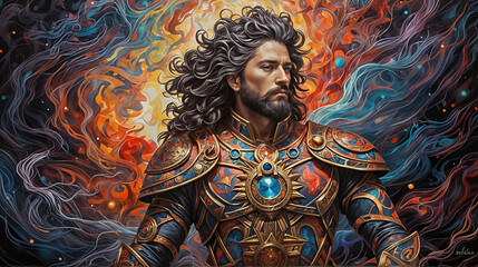 A bearded man with long hair and a beard, wearing ornate armor with a variety of colors. He stands in front of a multicolored background of red, orange, blue, and purple clouds.