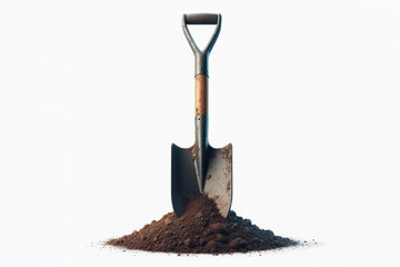 Closeup of shovel with soil on isolated solid white background. ai generative